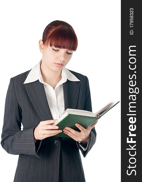 Youing cut thoughtful business woman with notebook in hands. Youing cut thoughtful business woman with notebook in hands