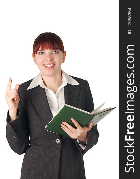 Youing cut smiling business woman with notebook in hand