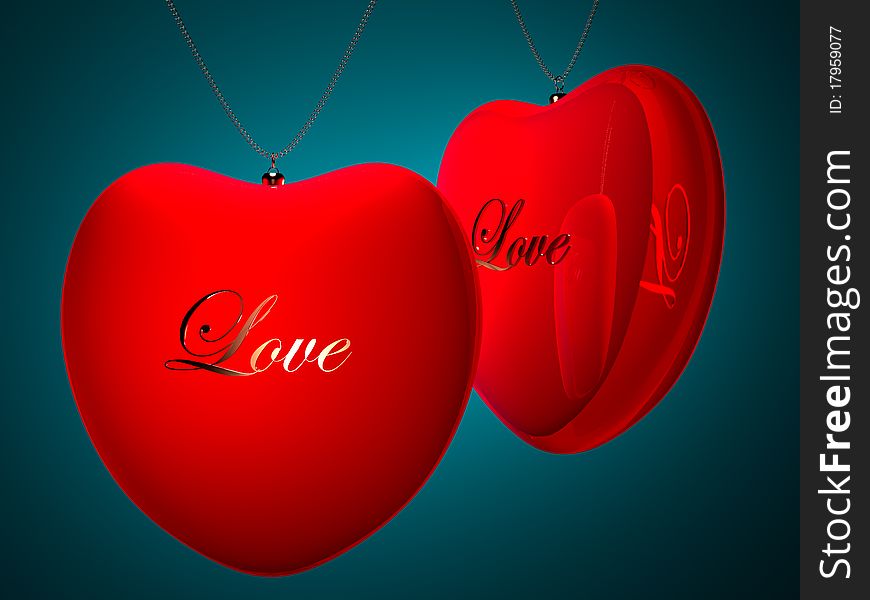 Two red heart pendents with gold inscription love