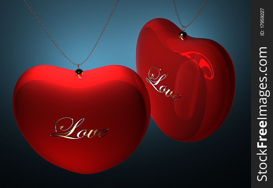 Two red heart pendents with gold inscription love