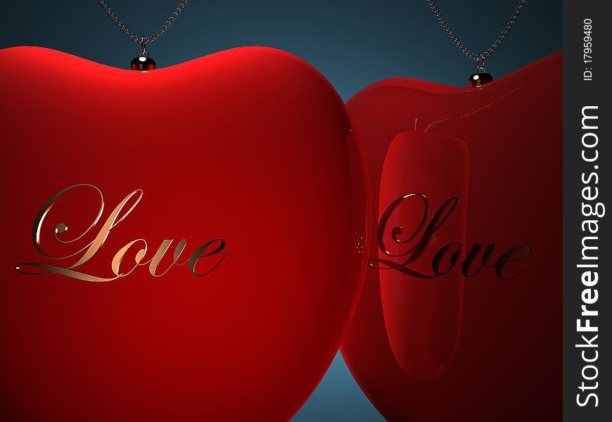 Two Red Heart Pendents With Gold Inscription Love