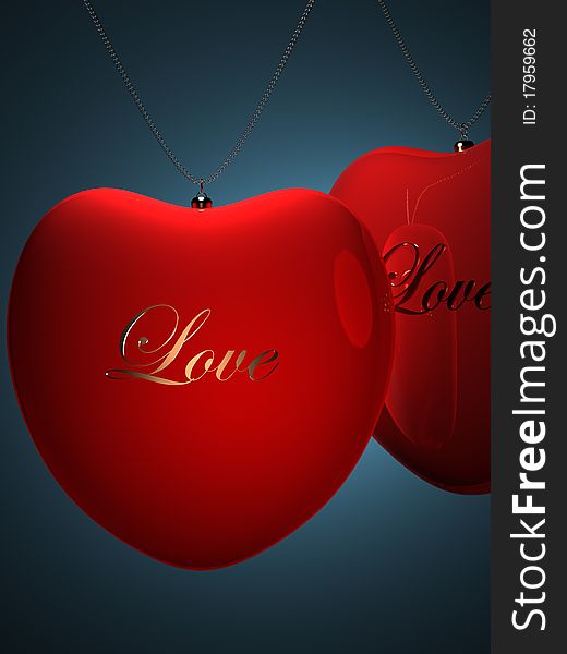 Two red heart pendents with gold inscription love