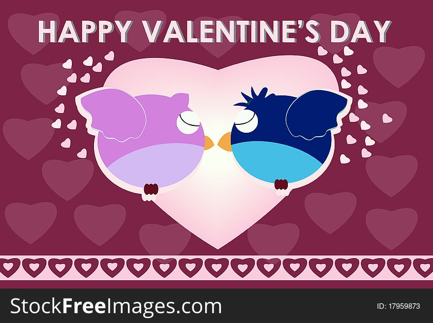 Two cute birds kissing on a Valentine's day card. Two cute birds kissing on a Valentine's day card