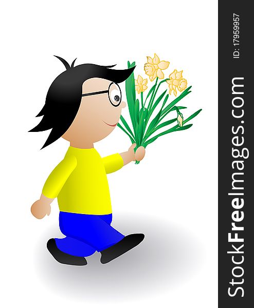 Illustration The Boy With A Bunch Of Flowers