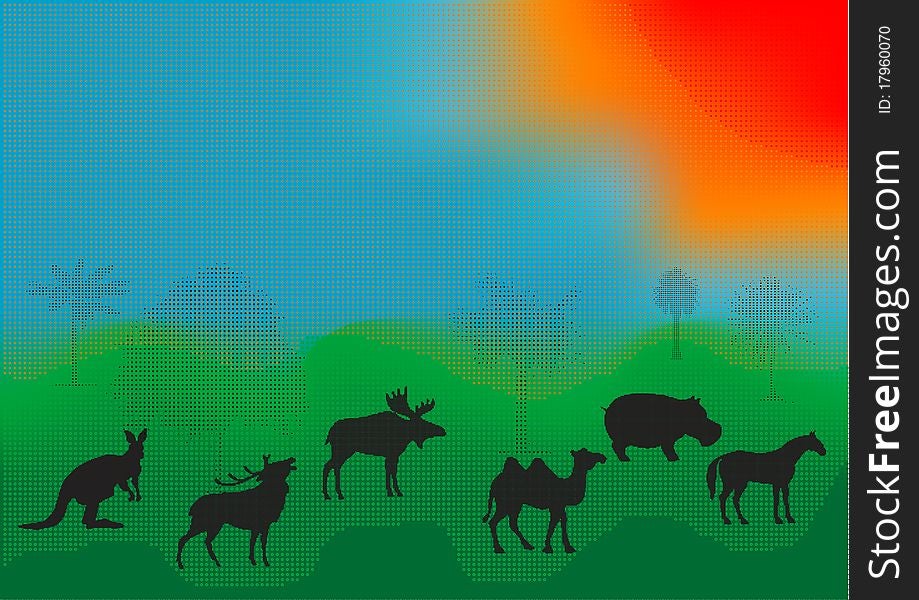 illustration animals in the African savanna with trees