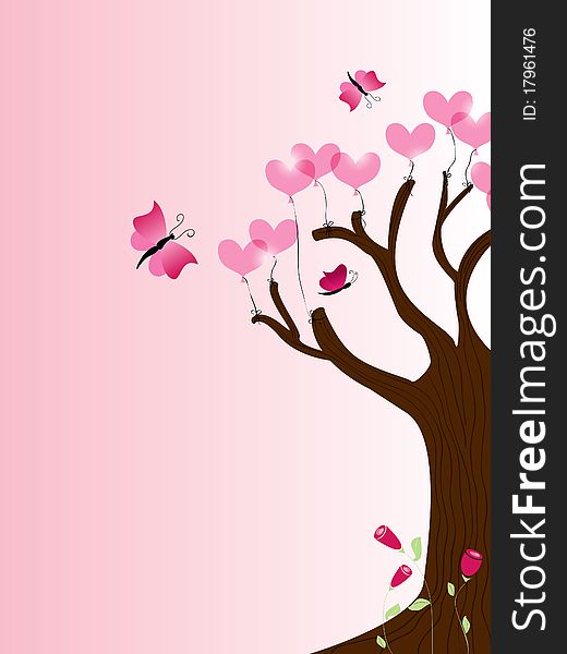 Vector picture with tree and heart balloons. Vector picture with tree and heart balloons