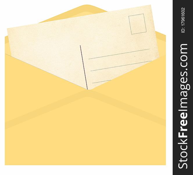 Vintage envelope with postcard isolated on a white