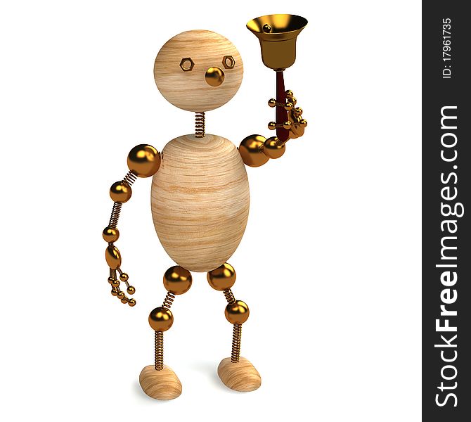 Wood man with school bell 3d rendered