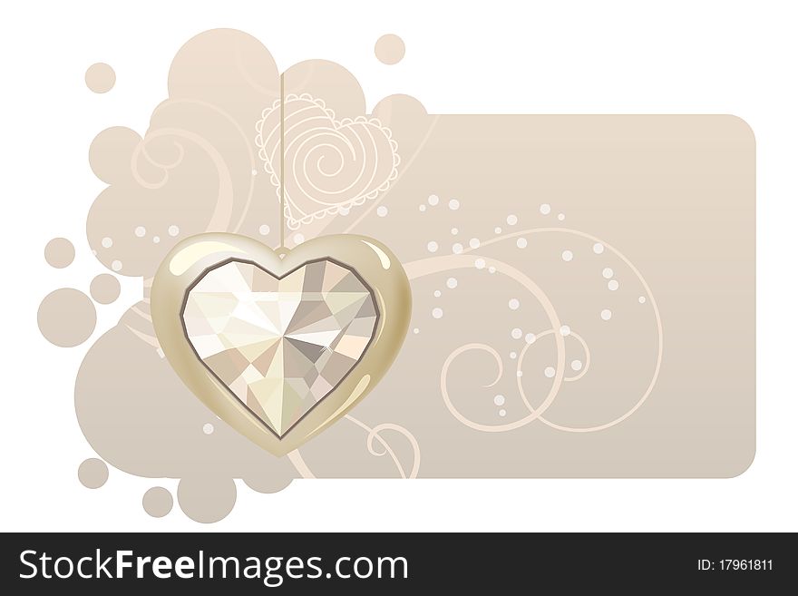 Valentine greeting card with hanging gold heart. Valentine greeting card with hanging gold heart