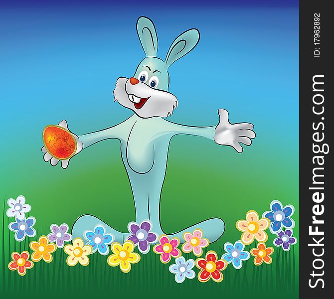 Easter background rabbit with red egg on grass. Easter background rabbit with red egg on grass