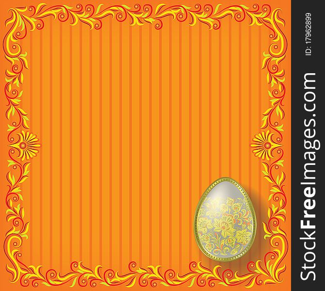 Gold easter egg on orange floral ornament. Gold easter egg on orange floral ornament