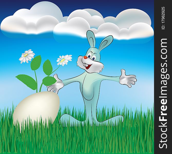Holiday background easter rabbit with egg on grass