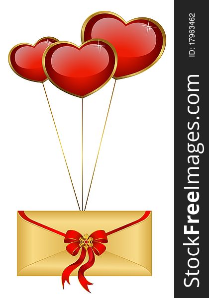 Celebratory envelope with red hearts.beautiful illustration for a design