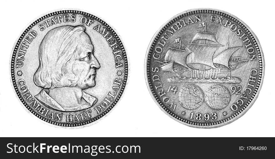 The silver coin, half the U.S. dollar in honor of the discoverer of Columbus. The silver coin, half the U.S. dollar in honor of the discoverer of Columbus