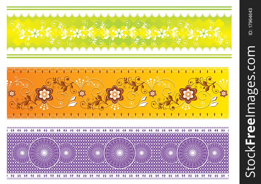 Three ornate flower strips on a white background. Digital illustration. Three ornate flower strips on a white background. Digital illustration.