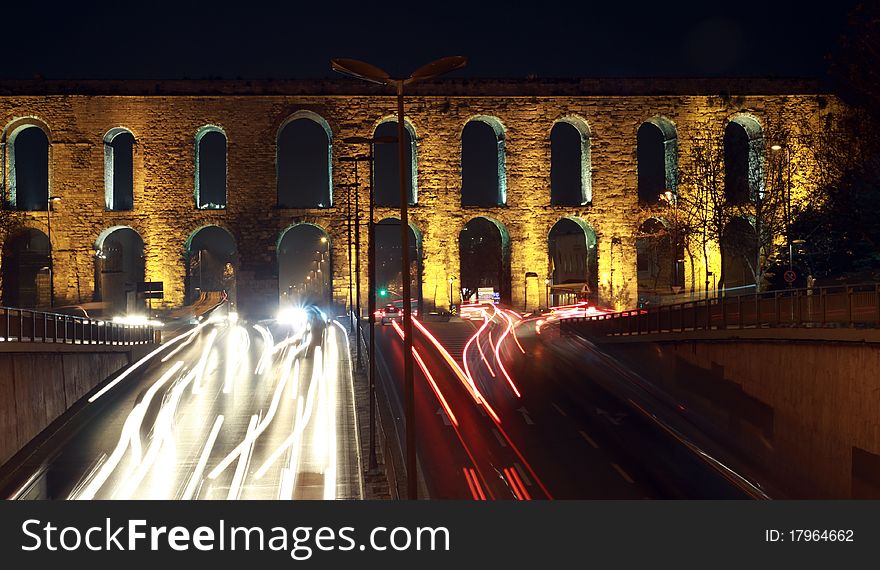 The Valens Aqueduct at night, Istanbul. The Valens Aqueduct at night, Istanbul.