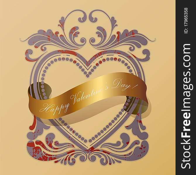 Heart old frame witth a golden ribbon, illustration. Heart old frame witth a golden ribbon, illustration