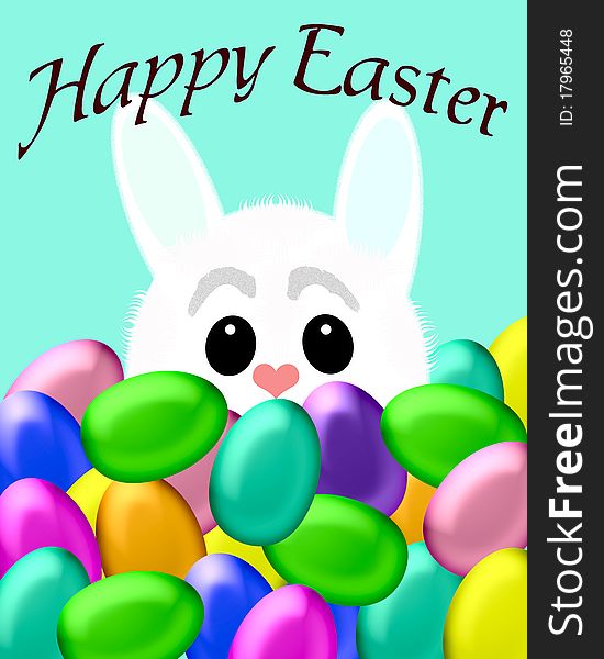 White Easter bunny with dyed eggs illustration. White Easter bunny with dyed eggs illustration