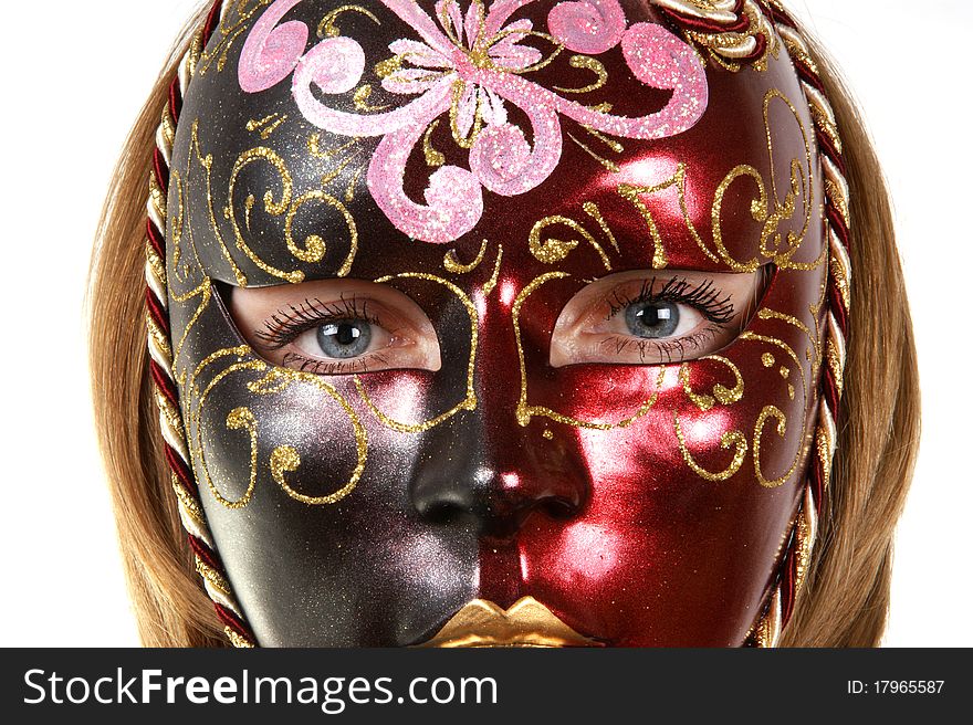 Portrait of a girl in the venetian masks, white background
