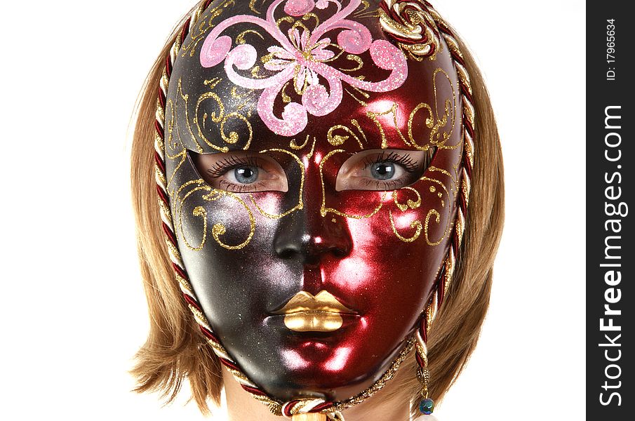 Portrait of a girl in the venetian masks, white background