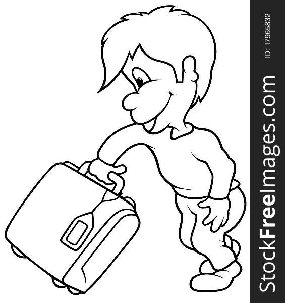 Boy and Travel Case - Black and White Cartoon illustration, Vector