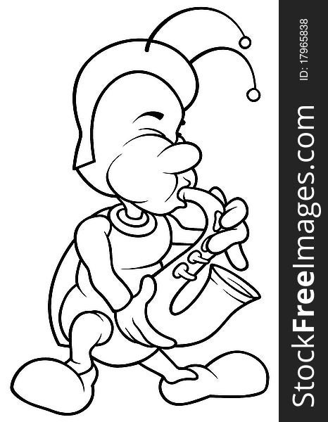 Bug and Saxophone - Black and White Cartoon illustration, Vector