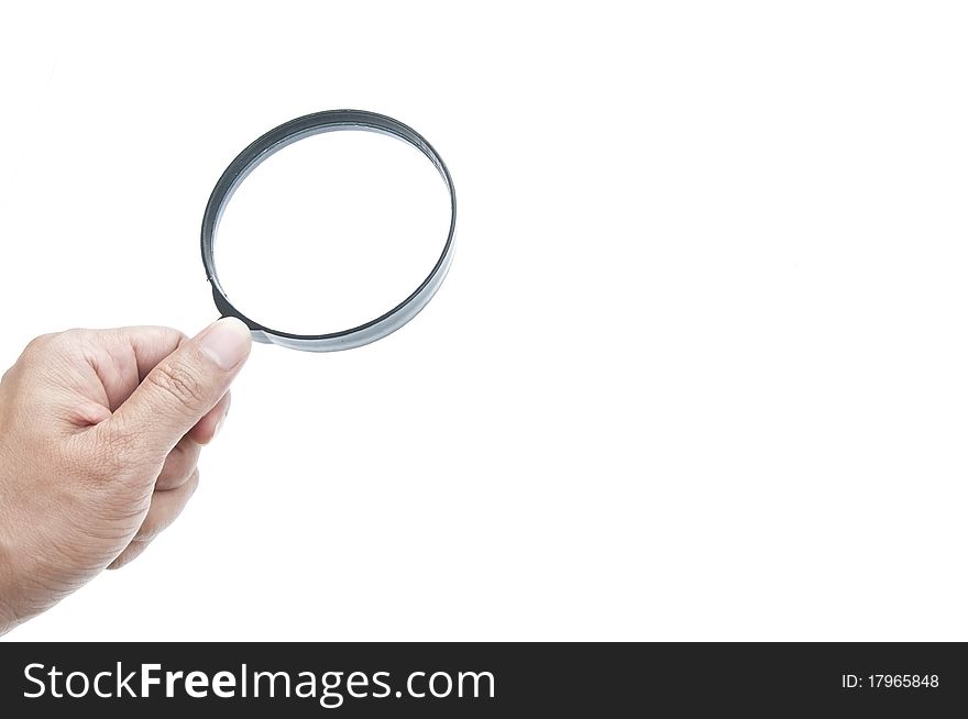 Hand and magnifier as white isolate background