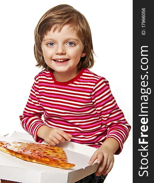 Little girl with pizza isolated on white