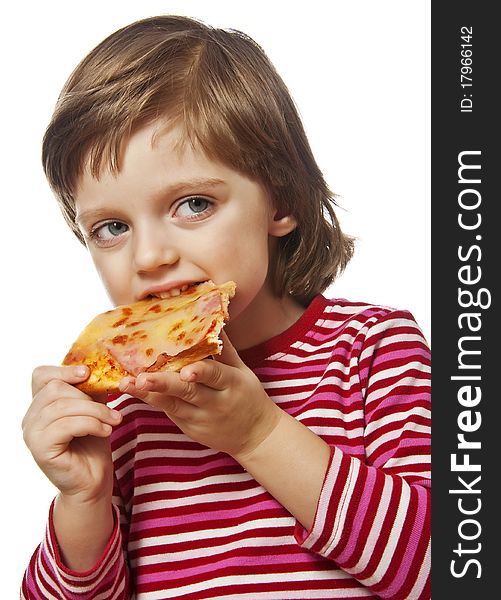 Happy little girl eating pizza isolated on white