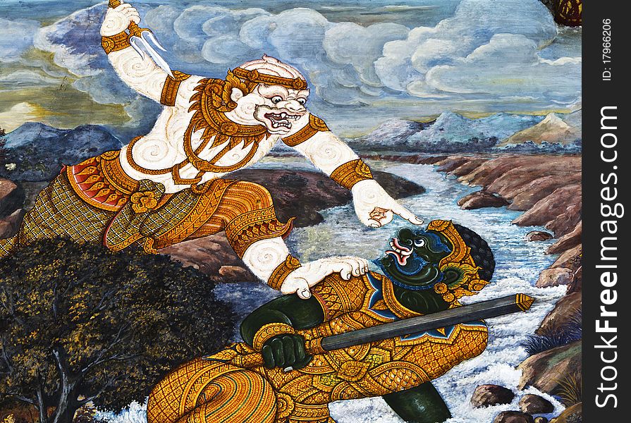 Oil color painting of Hanuman fight and Temple of the Emerald Buddha demon , Bangkok , Thailand ,. Oil color painting of Hanuman fight and Temple of the Emerald Buddha demon , Bangkok , Thailand ,