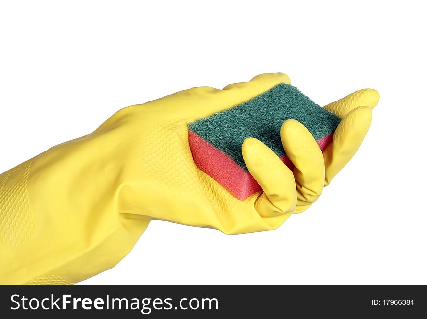Yellow rubber gloves with sponge isolated on white background