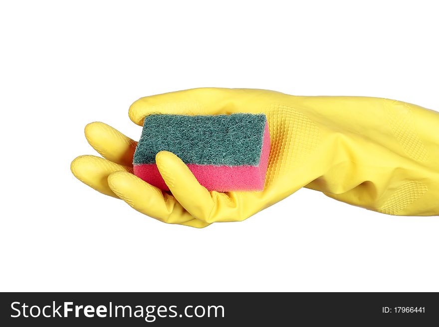 Yellow rubber gloves with sponge isolated on white background