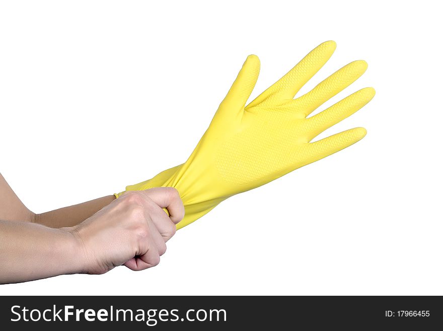 Hand with Yellow rubber gloves isolated on white background