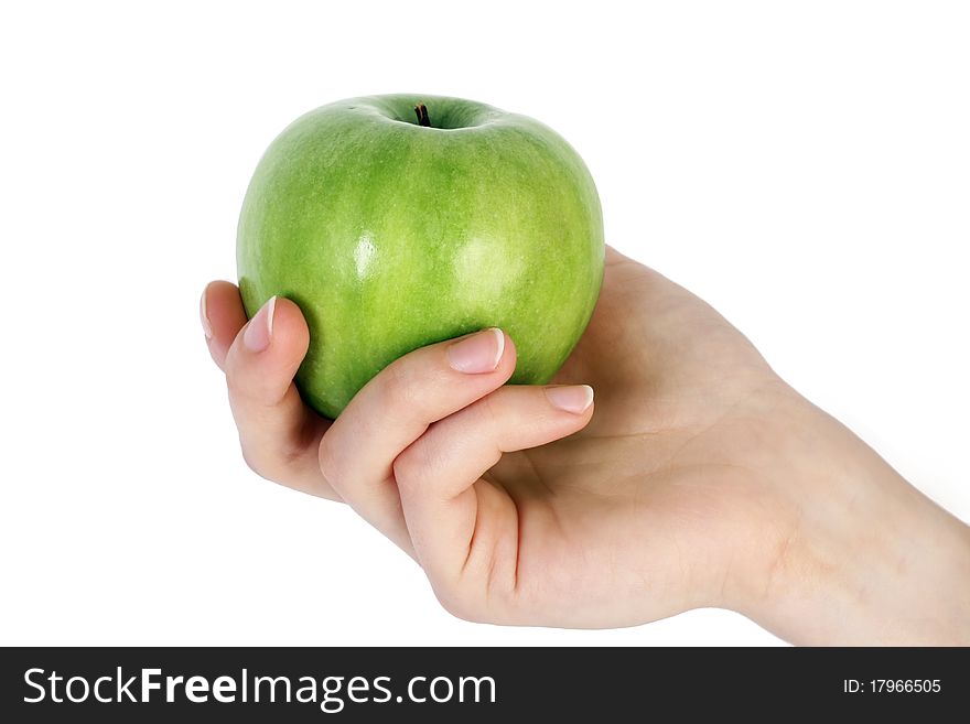 Green apple on hand isolated on white background