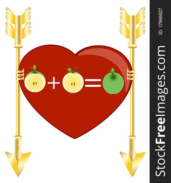 Red heart with green apples and two gold arrows. Red heart with green apples and two gold arrows