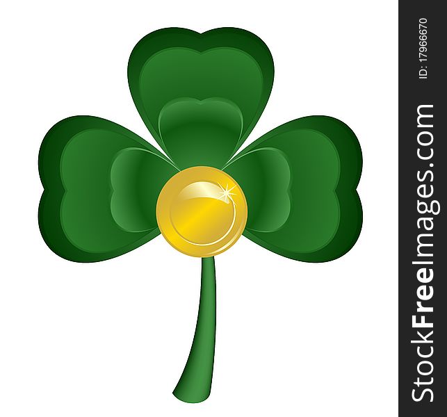 Leaf of a clover with a gold coin in the center, symbolizing day of Sacred Patrick. Leaf of a clover with a gold coin in the center, symbolizing day of Sacred Patrick