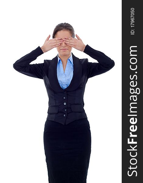 Business woman in the See No Evil pose over white