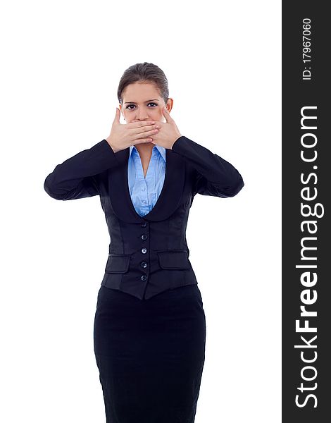 Business woman in the Speak No Evil pose over white