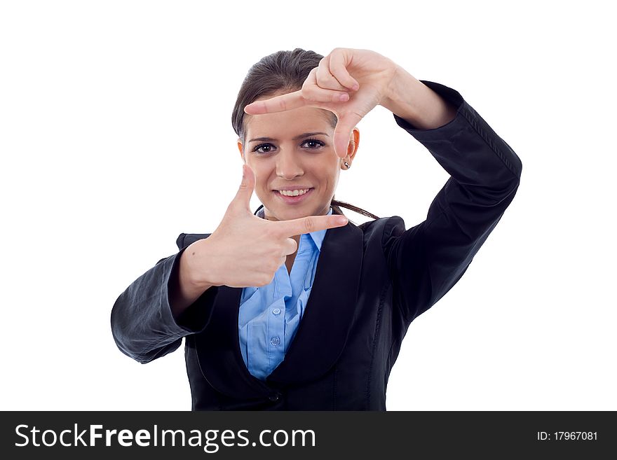 Business woman showing framing hand gesture - isolated on white