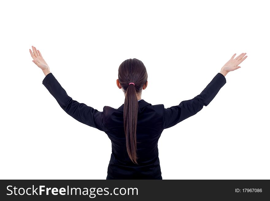 Brunette business woman with her hands in the air - back picture