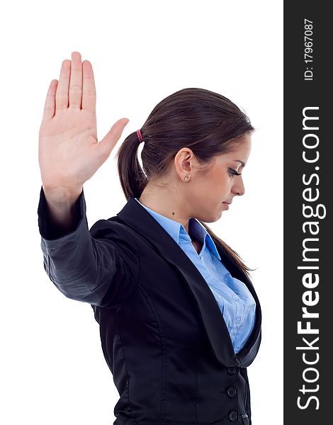 Serious business woman making stop sign over white, focus on hand