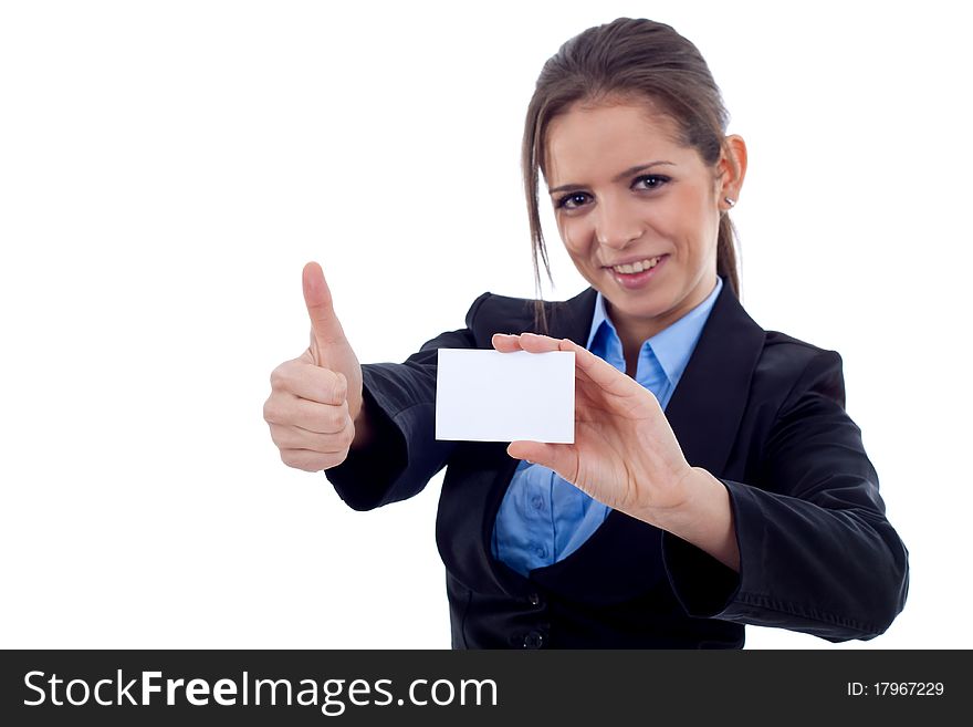 Female holding blank business card, making ok sign , focus on hands and card. Female holding blank business card, making ok sign , focus on hands and card