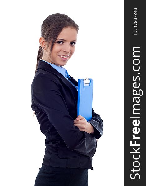 Portrait of a young confident business woman holding a clipboard