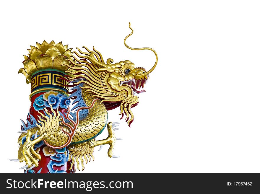 Golden Dragon Statue On White Background