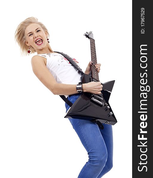 Blond woman with guitar on white background