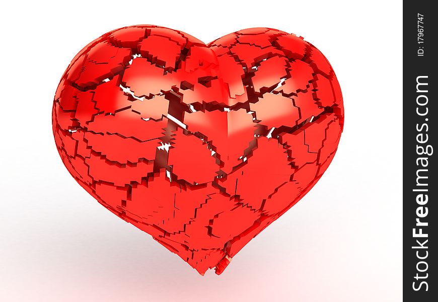 Heart made of red plastic, broken into pieces on a white background №2. Heart made of red plastic, broken into pieces on a white background №2