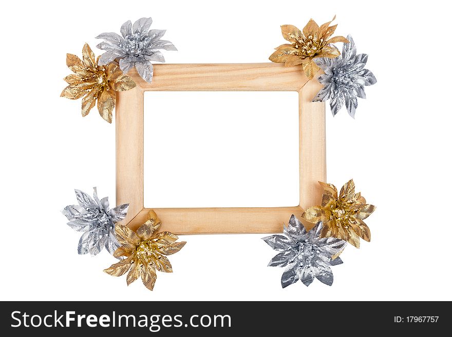 Wooden photo frame with golden and silver flowers