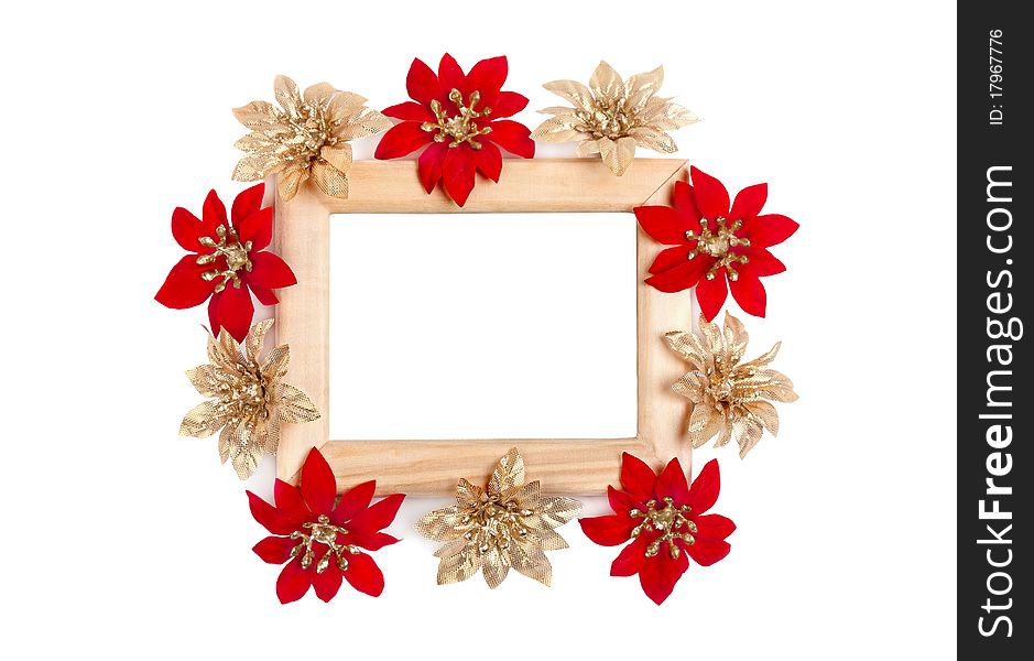 Wooden frame decorated with red and golden flowers isolated on white. Wooden frame decorated with red and golden flowers isolated on white