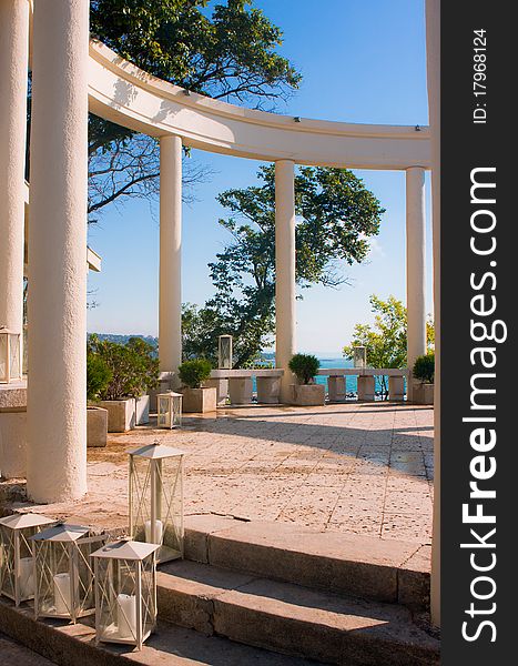 Fragment of arbour with columns ashore sea. Fragment of arbour with columns ashore sea