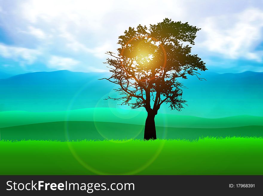 Silhouette illustration of a tree on meadows